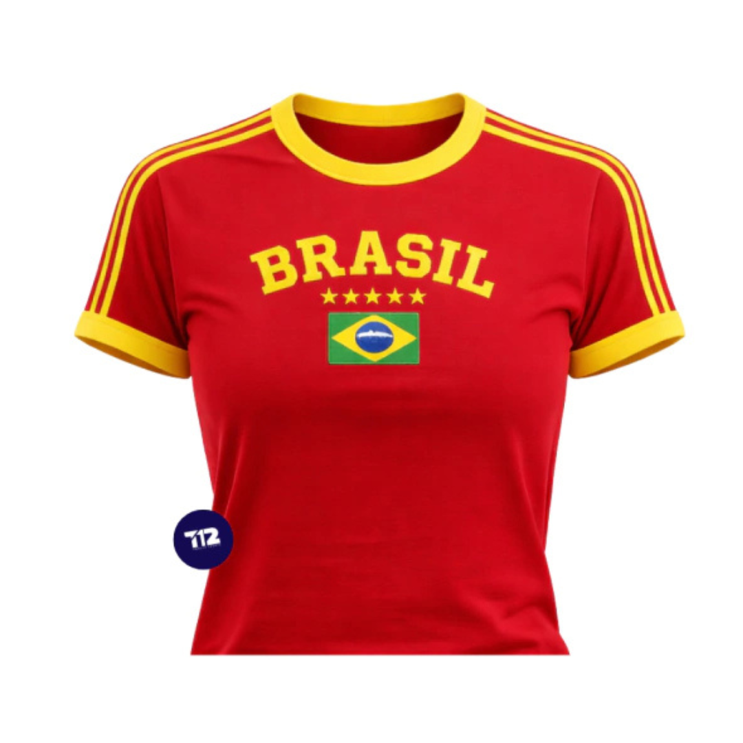 Camisa Brasil Core Bordada BabyLook Feminina