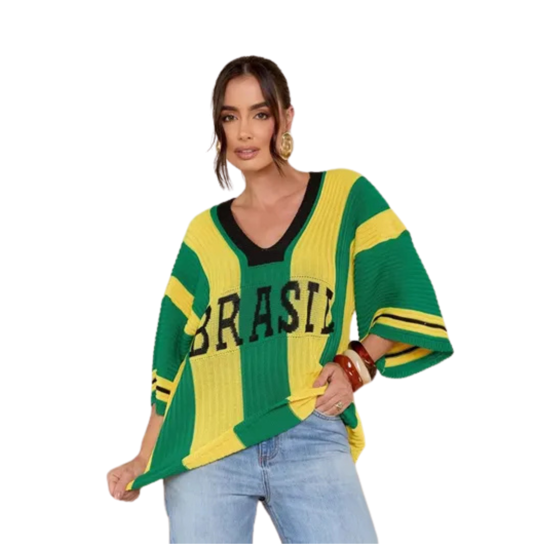 Blusa Feminina Tricô Brasil Core Copa Oversized Blusão