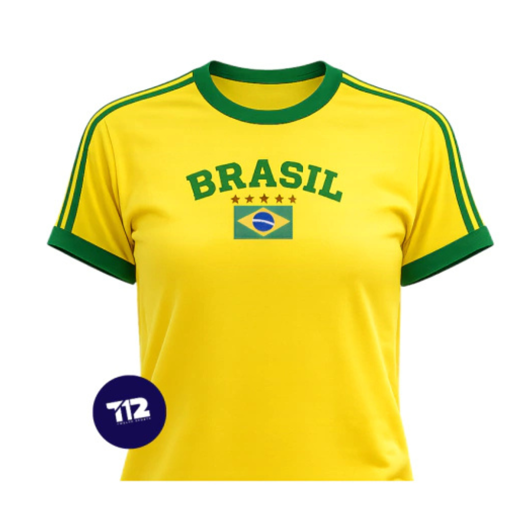 Camisa Brasil Core Bordada BabyLook Feminina