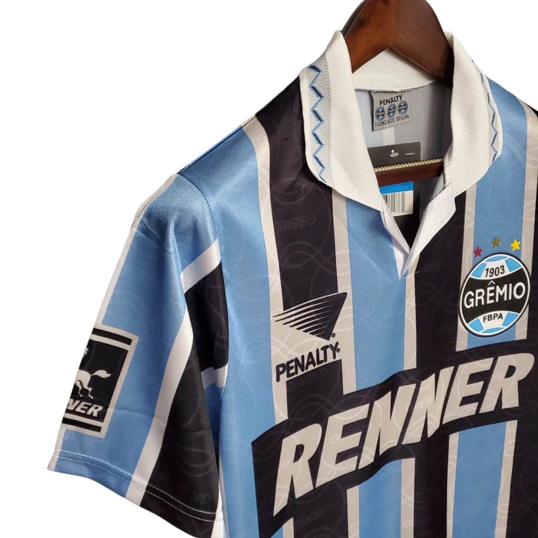 Camisa Grêmio Retrô Home 1995 Torcedor Masculina - Azul e Preta