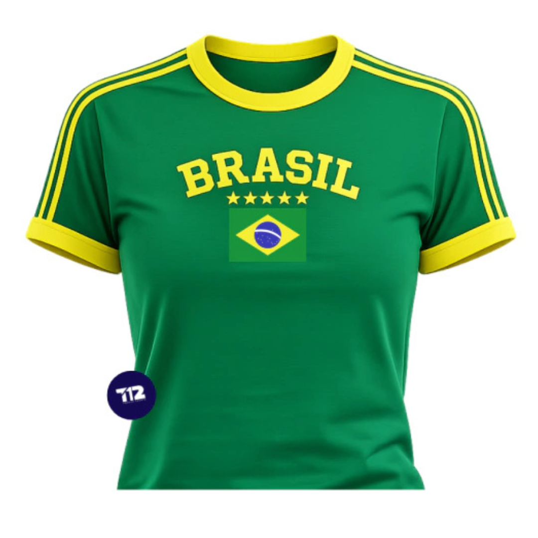 Camisa Brasil Core Bordada BabyLook Feminina
