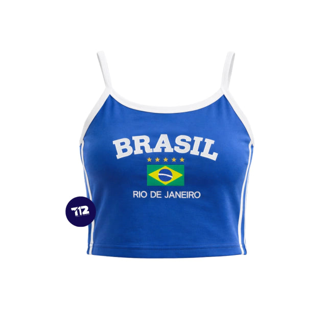 Cropped Brasil Core Bordada Tecido Suplex Alça Fina Feminina (Rio de Janeiro)