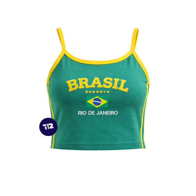 Regata Brasil Core Bordada Tecido Suplex Alça Fina Feminina